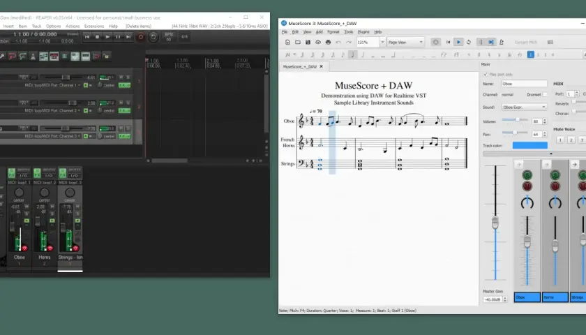 MuseScore 4 zeigt eine Partitur mit Oboe, Hörnern und Streichern, die in einer DAW mit VST-Instrumenten wiedergegeben wird.