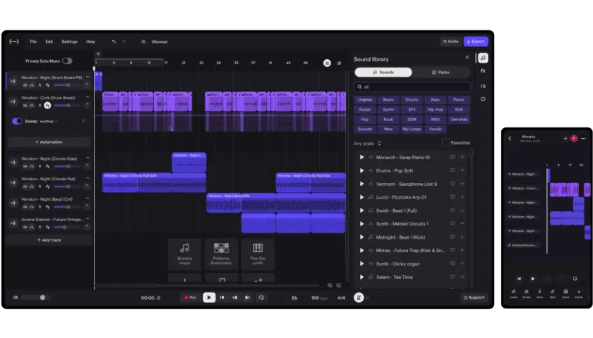 Ein **online free music maker** mit einer übersichtlichen Benutzeroberfläche. Spuren werden im Zeitstrahl angezeigt, während die Soundbibliothek zum Erstellen von Musik einlädt.