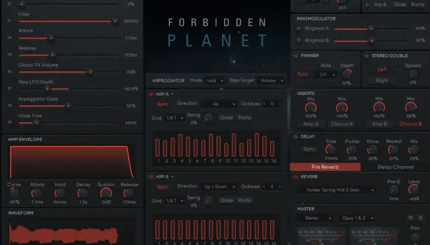 Das Interface des Forbidden Planet opus vst zeigt detaillierte Regler für Arpeggiatoren, Hüllkurven und Effekte.