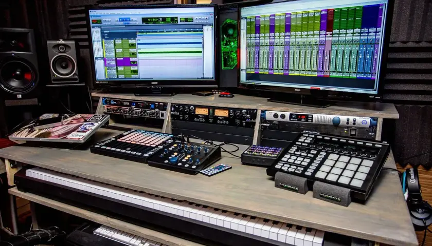 Professionelle Musikproduktion mit zwei Monitoren, die DAWs zeigen, und Geräten für die Stem-Separation.