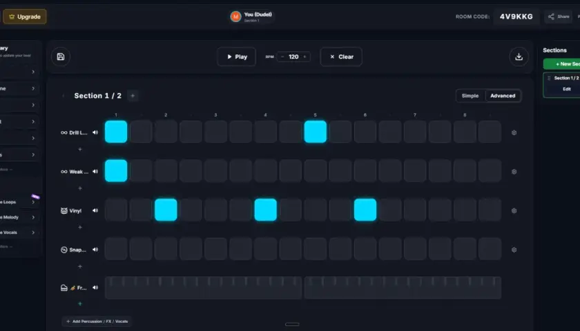 Online Beats erstellen: Ein Beatmaker-Interface mit leuchtenden Pads und Sound-Bibliothek.