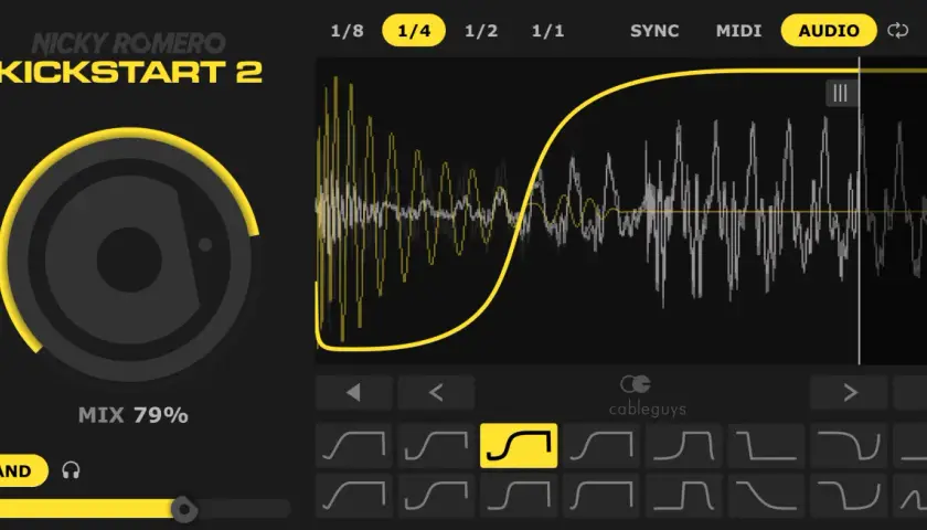 Nicky Romero Kickstart 2 vst plugin: Wellenform-Anzeige, Mix-Regler und Auswahl von Hüllkurvenformen.