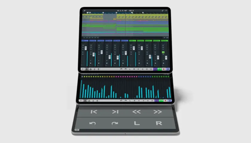 Ein Tablet zeigt die Cubase IC Pro Benutzeroberfläche mit einer Musik-Timeline und Mixer-Fadern.