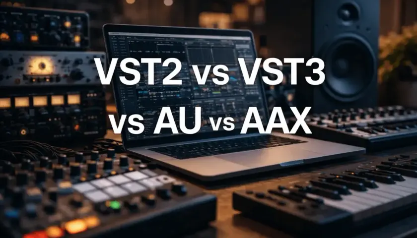 Musikproduktion: VST2 vs VST3, AU vs AAX. Ein Laptop mit DAW, Keyboards und Studio-Equipment.
