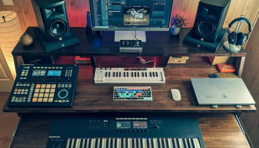 Ein Studio-Setup für einen Rap Beat Maker mit zwei Monitoren, Keyboards, Pads und Lautsprechern.