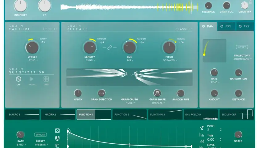 Digitales Audio-Interface mit Reglern für "Grain Capture", "Grain Release" und "Grain Quantization", zur Erzeugung von EFX Fragments.