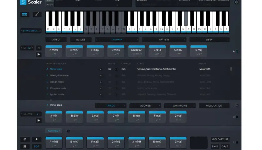Musiksoftware mit virtueller Klaviatur, Akkorden und Skalen. Der auto key-Assistent hilft bei der Komposition.