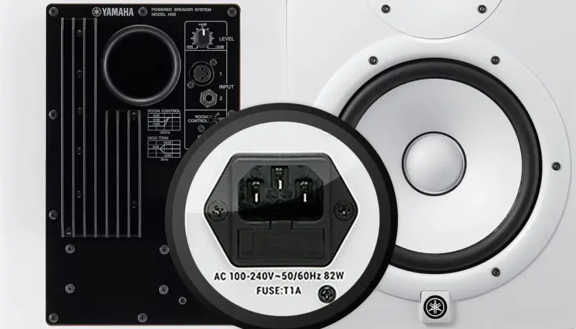 Yamaha HS8: aktive Lautsprecher mit integriertem Verstärker und Anschlüssen. Im Detail: Stromanschluss und Regler für aktive vs. passive Lautsprecher.