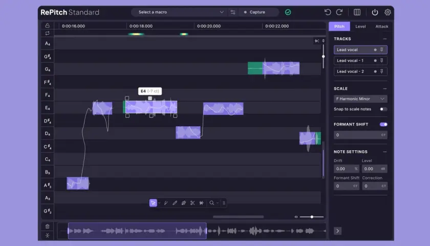 Bearbeitung von Gesangsspuren in RePitch Standard. Die Software ermöglicht präzise Tonhöhenkorrekturen für einen autotune free Sound.