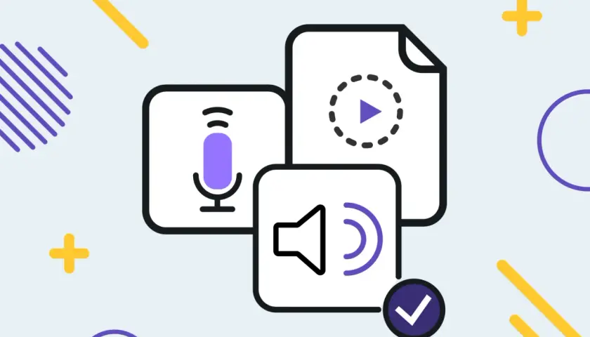 Illustration mit Mikrofon, Lautsprecher und Play-Button. Perfekt für m4a-Dateien und Audio-Uploads.