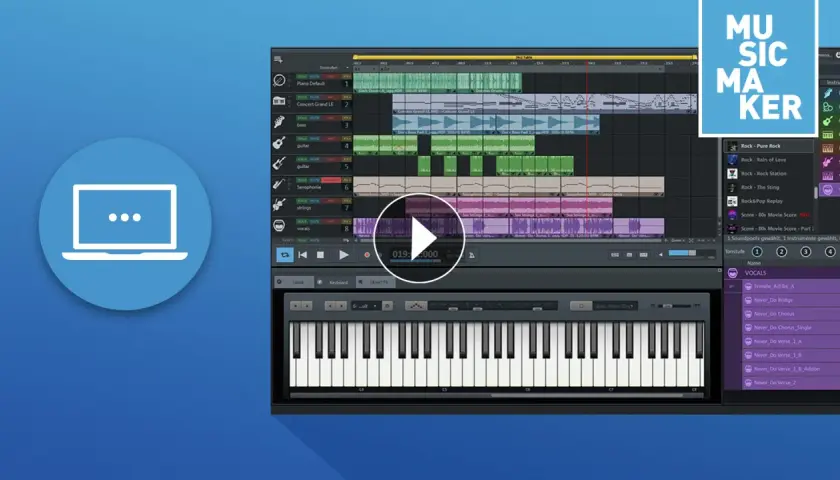 Musik-Software zeigt, wie man Musik macht: Spuren für Piano, Bass, Gitarre, Saxophon, Strings und Vocals.