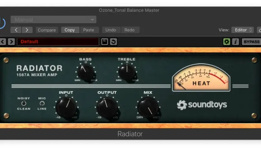 Ein digitales Audio-Plugin mit Reglern für Bass, Treble, Input, Output und Mix. Ein Messgerät zeigt "HEAT" an. Der Name des Plugins ist "Radiator".