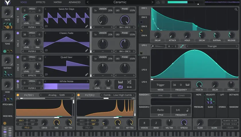 Synthesizer-Interface mit Wellenformen, Reglern und LFOs. Hier gibt es viele Möglichkeiten, um mit den **ableton plugins free** einzigartige Sounds zu kreieren.