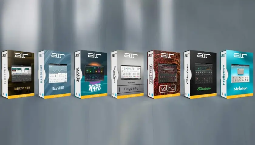Reihe von Software-Boxen für Musikproduktion: AIR TB-303, Bassline, Hype, Odyssey, Solina, Electric, Mellotron. Fortschrittliche air music technology.