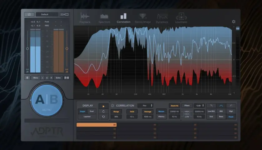 Das Interface des ADPTR Audio Systems zeigt ein Korrelationsdiagramm, das für die Analyse von Stereosignalen mit einem reference plugin nützlich ist.