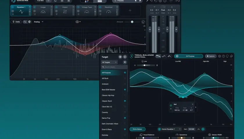 Ozone Tonal Balance Control zeigt Equalizer-Kurven und Frequenzbänder für eine ausgewogene Klanggestaltung.