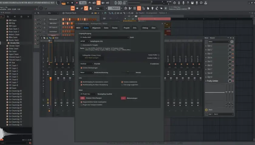FL Studio mit geöffnetem Audiogeräte-Menü, das die Einstellungen für die software audio interface zeigt.