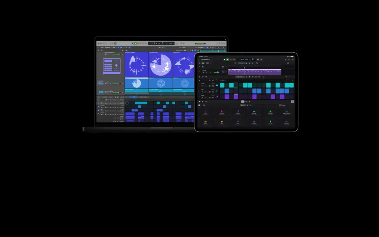 Laptop und Tablet zeigen die Benutzeroberfläche von Logic Pro. Ein Logic Pro Tutorial könnte hier beginnen.