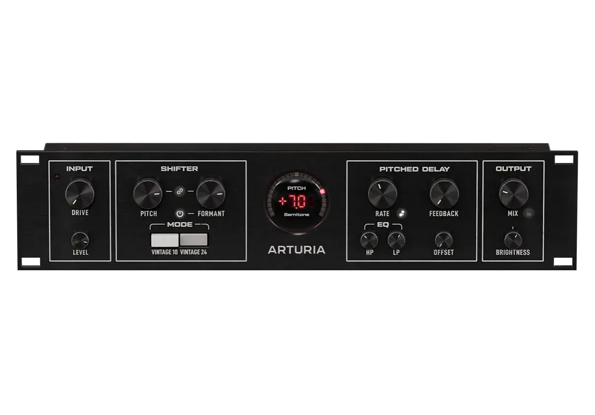 Arturia Pitch Shifter VST: schwarzes Rack-Gerät mit Reglern für Input, Shifter, Pitched Delay und Output.