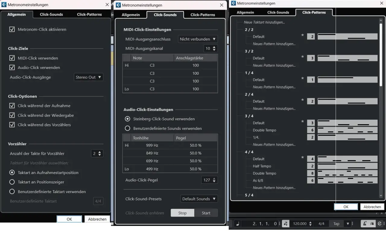 Cubase: Metronom-Einstellungen zeigen, dass kein Ton für den Click eingestellt ist. MIDI- und Audio-Click sind aktiviert, aber die Ausgänge sind nicht verbunden.