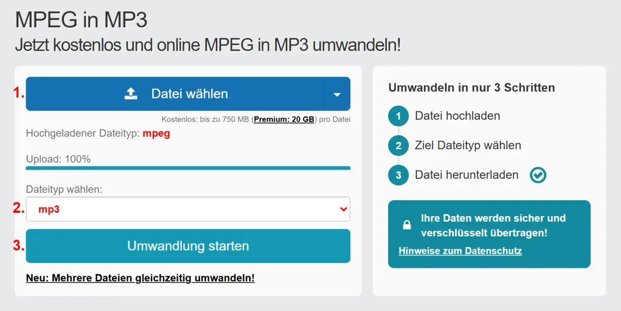 Online-Tool zur Umwandlung von MPEG in MP3. Lade deine MPEG-Datei hoch, wähle MP3 als Zielformat und starte die Umwandlung.