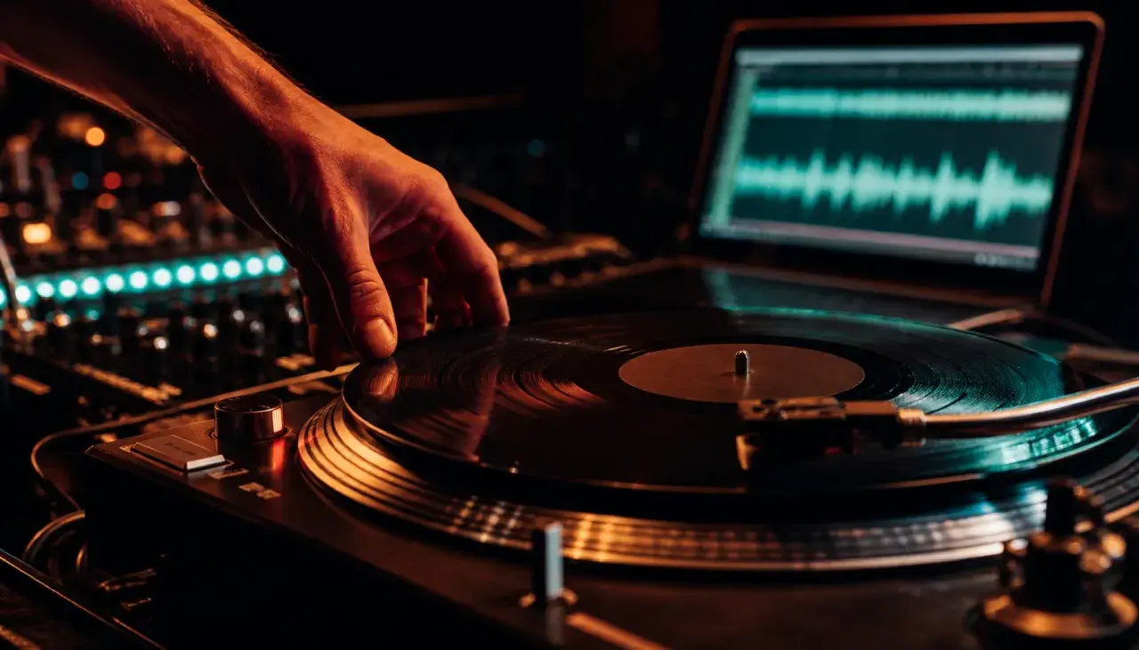 Hand legt Vinyl auf Plattenspieler, Laptop zeigt Wellenform. Perfekt für Vinyl Mastering.