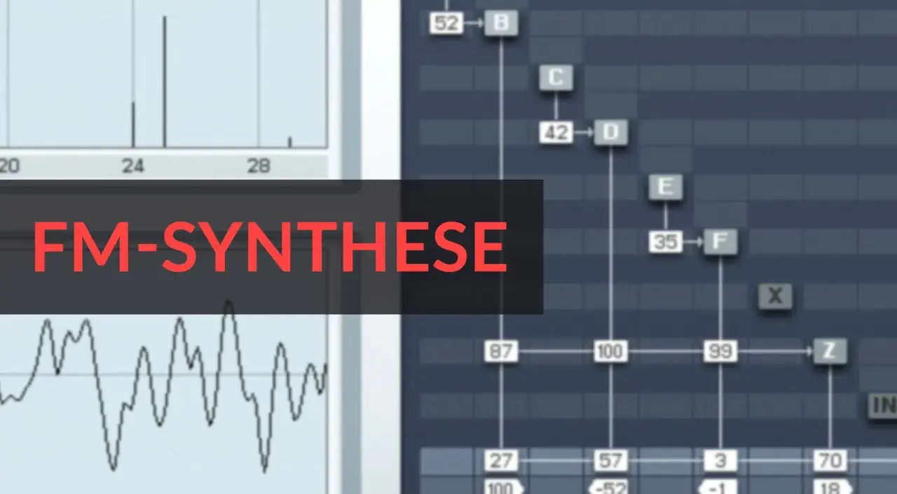 FM-Synthese-Diagramm mit Wellenformen und Noten. Die Frequenzmodulation wird hier visuell dargestellt.