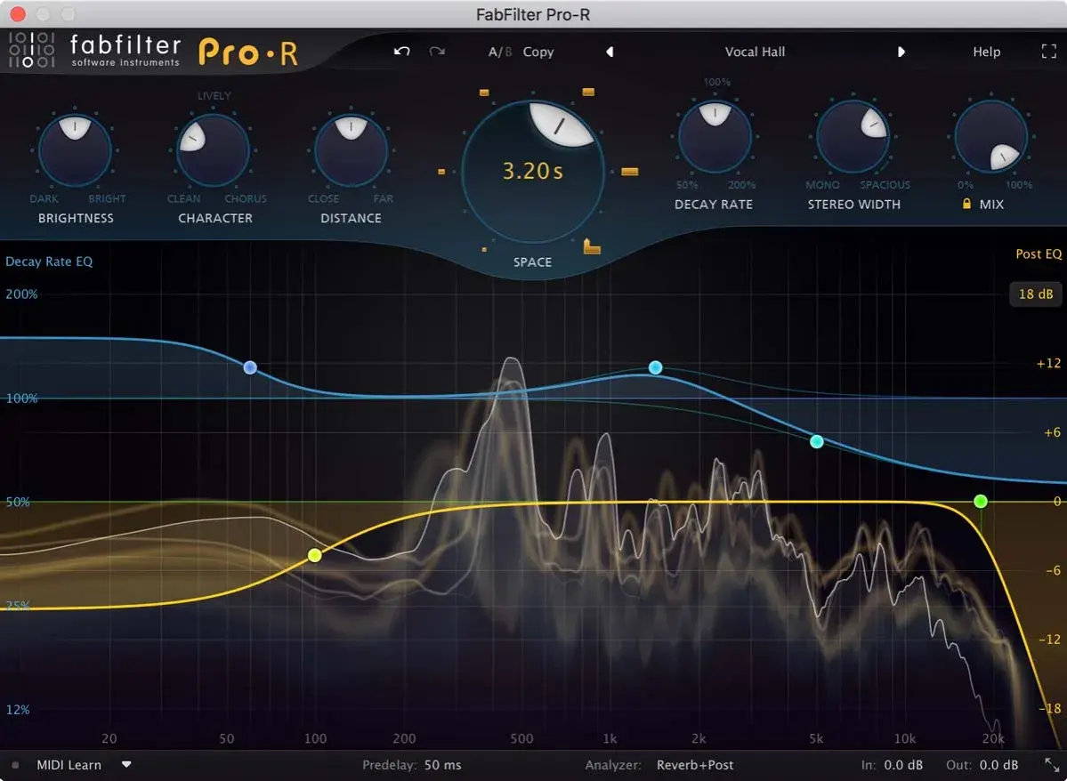 FabFilter Pro-R: Ein Reverb VST mit detaillierter EQ-Analyse und Reglern für Helligkeit, Charakter, Distanz und Decay Rate.