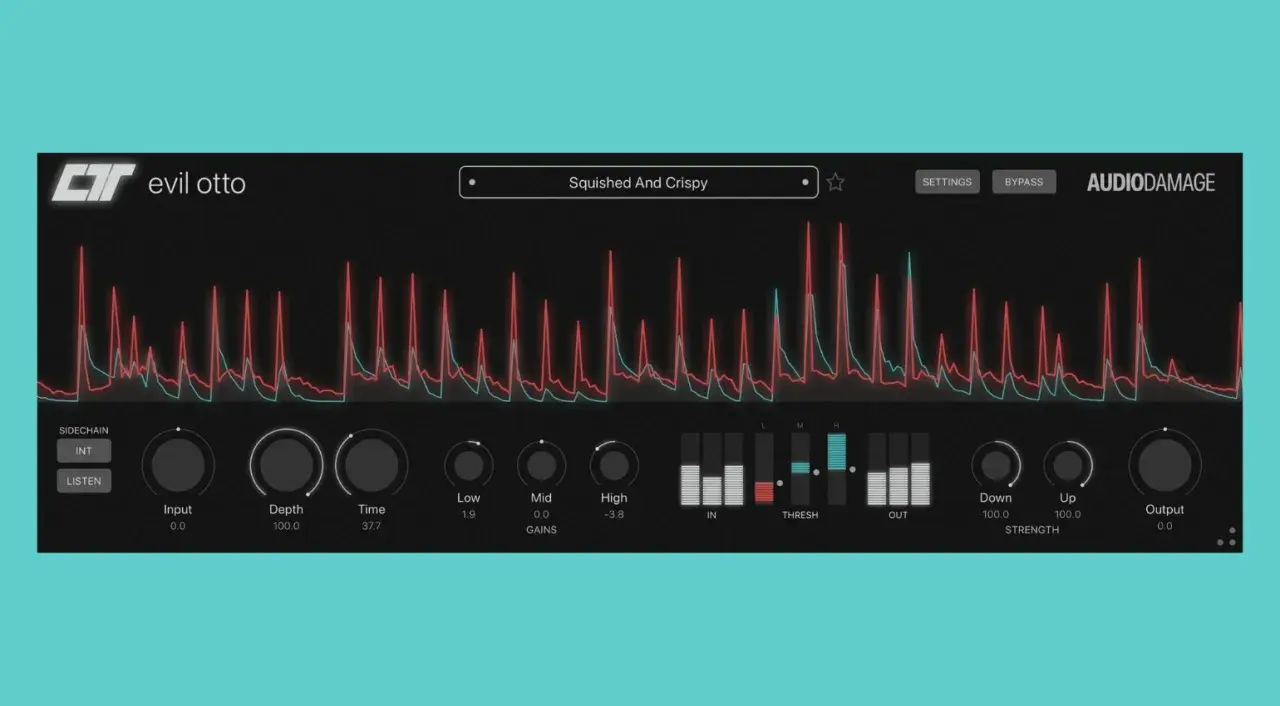 Evil Otto, ein Multiband-Kompressor, mit Wellenformen und Reglern für Input, Depth, Time, Low/Mid/High Gains, Threshold und Output.