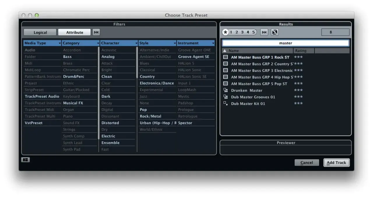 Cubase-Fenster zeigt "Choose Track Preset". Filter für Cubase Audio to MIDI sind sichtbar.