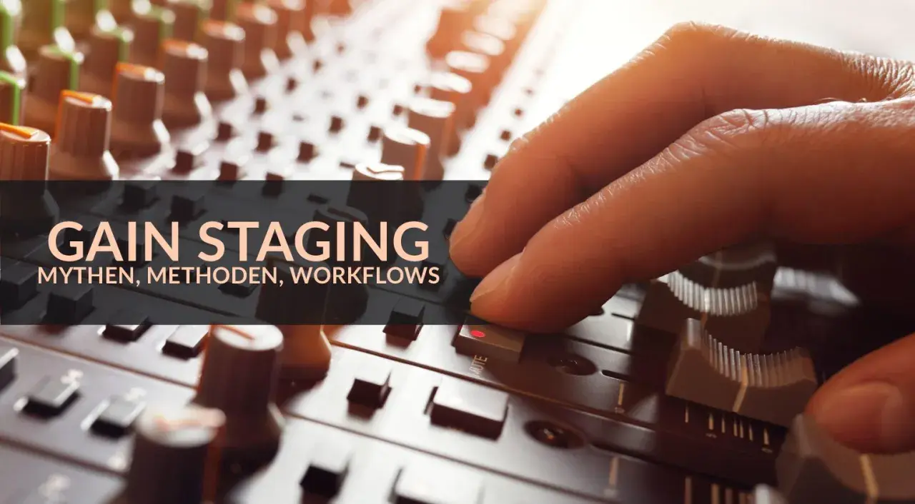 Hand an einem Mischpult, das die Bedeutung von Gain Staging für Mythen, Methoden und Workflows hervorhebt.