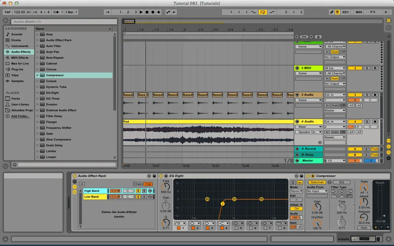 Ableton Live: Kompressor-Einstellungen mit Sidechain-Optionen und EQ-Kurve für den Pad-Sound.