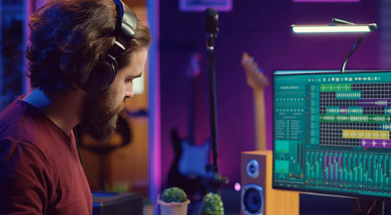 Mann mit Kopfhörern am Computer, der an Musik-Mixing-Tipps arbeitet. Auf dem Bildschirm ist eine digitale Audio-Workstation zu sehen.