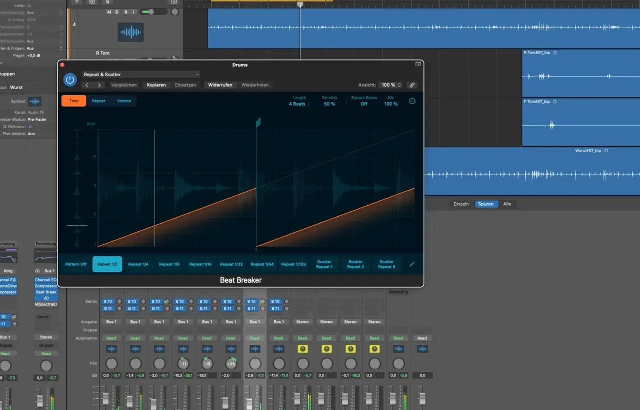 Beat Breaker-Plugin in Logic Pro X, das für kreative Rhythmus-Effekte genutzt wird. Ähnlich wie bei kostenlosen Logic Pro X Plugins, ermöglicht es die Manipulation von Beats.