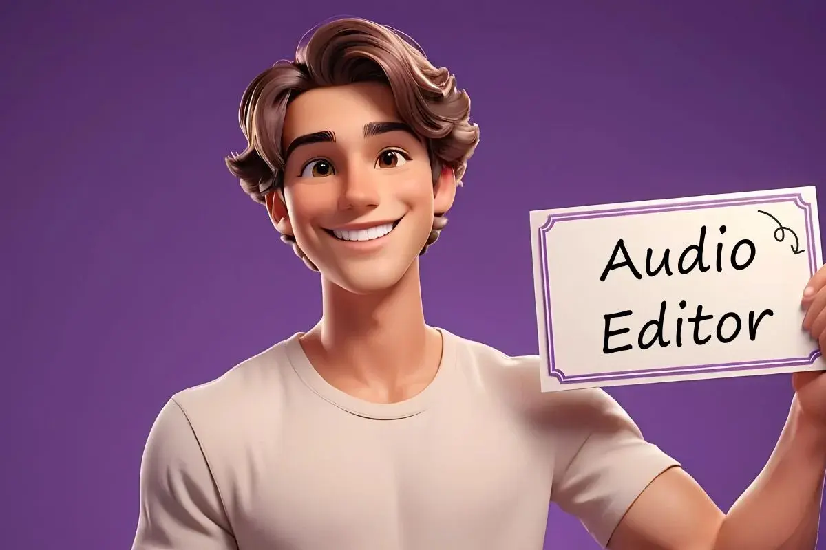 Ein lächelnder Mann hält ein Schild mit der Aufschrift "Audio Editor". Er ist ein kreativer video sound editor.