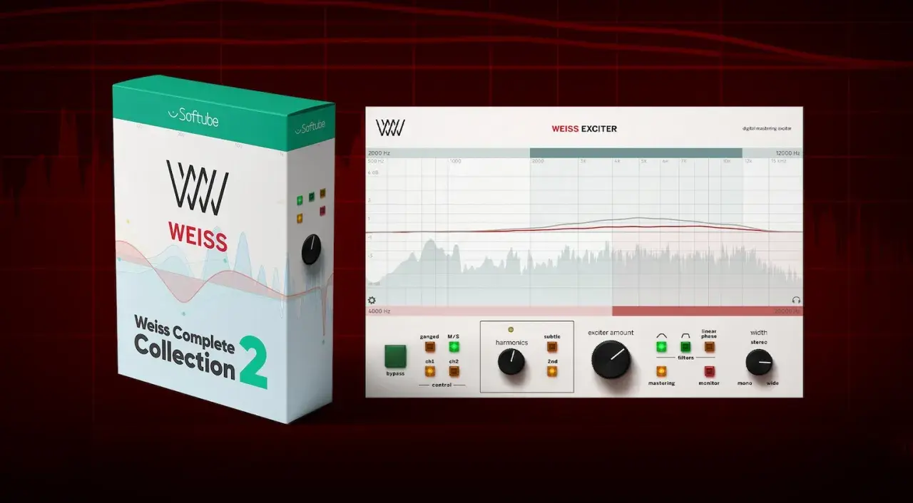Softube Weiss Exciter Plugin: Ein digitales Mastering-Tool mit Frequenzanalyse und Harmonics-Regler für detailreichen Sound.