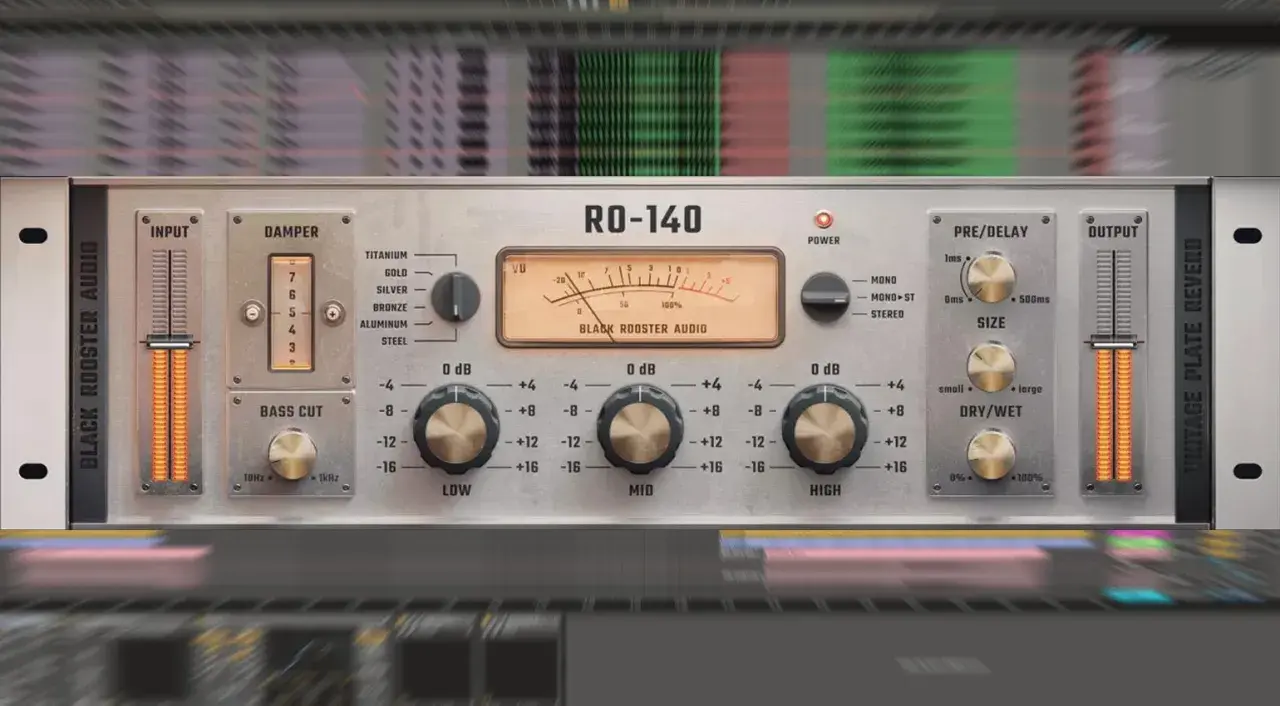 Das RO-140 von Black Rooster Audio, ein Vintage Plate Reverb-Plugin, mit VU-Meter und Reglern für Low, Mid, High.