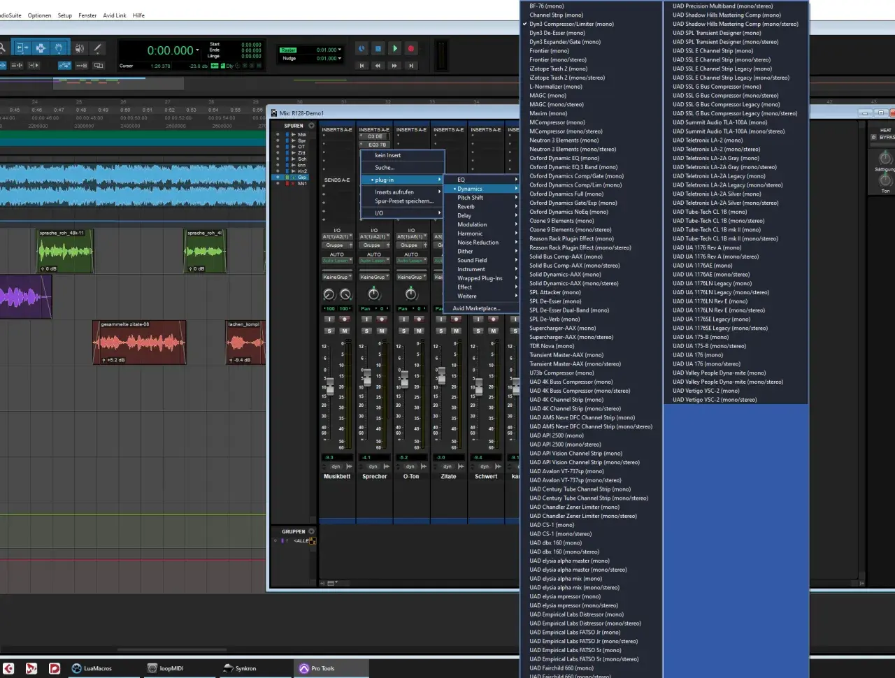 Pro Tools-Fenster mit einer Liste von aax plugin-Optionen, darunter UAD-Effekte und Kompressoren.
