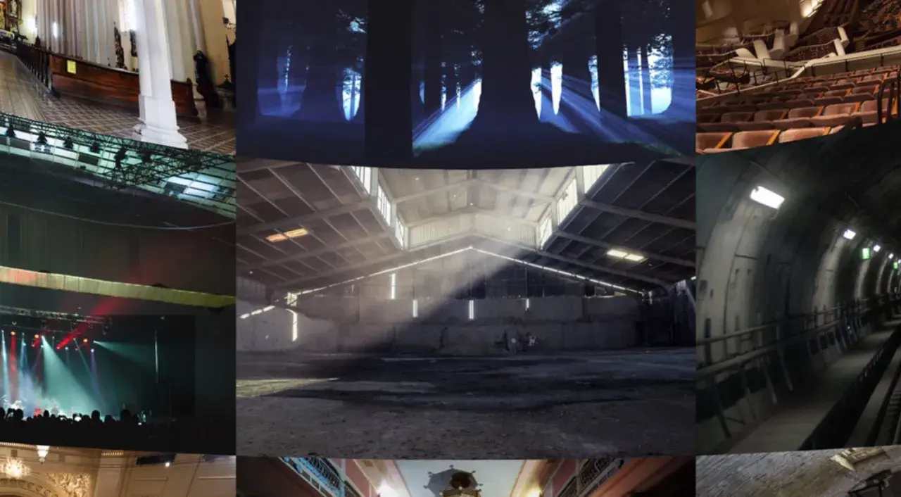 Collage aus verschiedenen Orten: Kirche, Waldlichtung, leeres Theater, Lagerhalle, Konzertbühne, Tunnel. Ein Ort für convology xt.