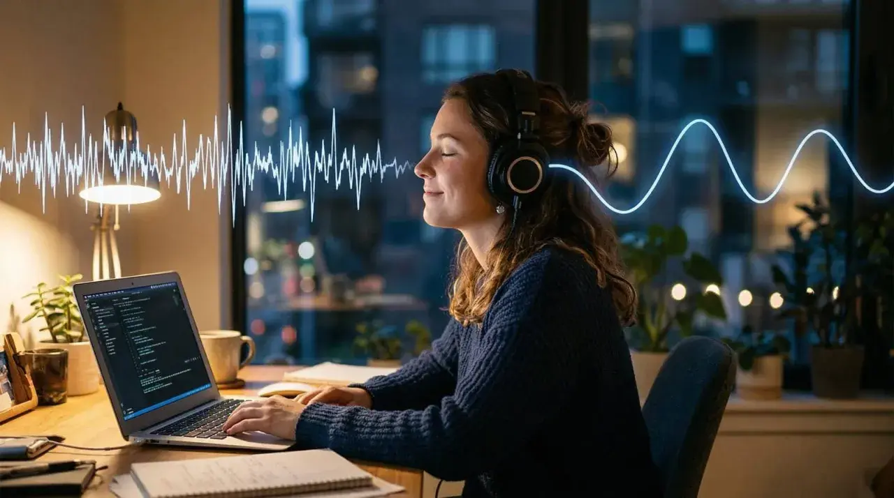 Frau hört über Kopfhörer entspannende adobe sounds, während sie am Laptop arbeitet. Wellenformen visualisieren den Klang.