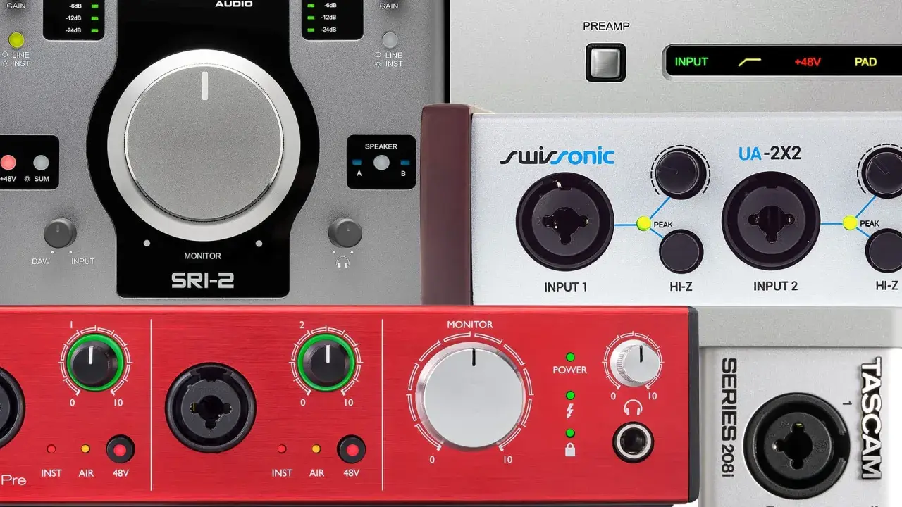 Verschiedene Audio-Interfaces im Detail: Was ist das? Hier siehst du Anschlüsse, Regler und Anzeigen für professionelle Audioaufnahmen.