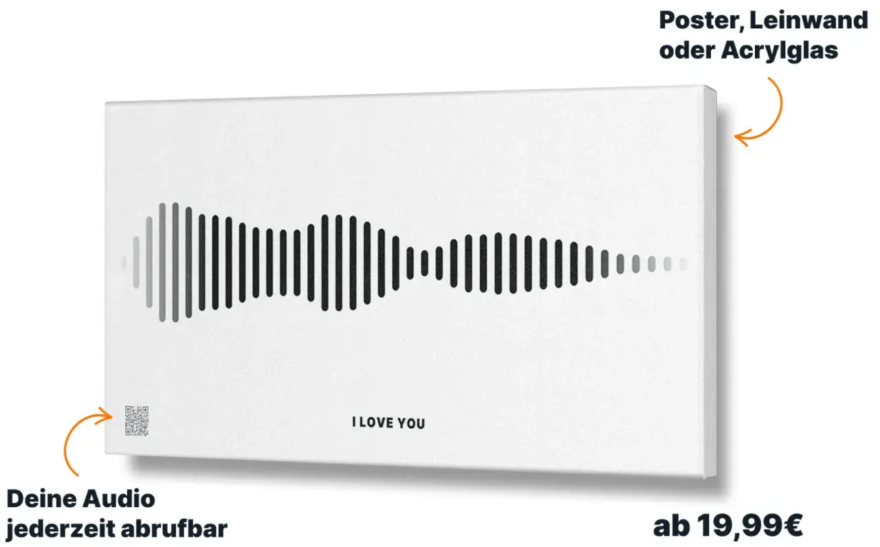 Schallwelle mit "I LOVE YOU" als Motiv. Der schnelle rise time zeigt die Intensität der Aussage. Dein Audio jederzeit abrufbar.