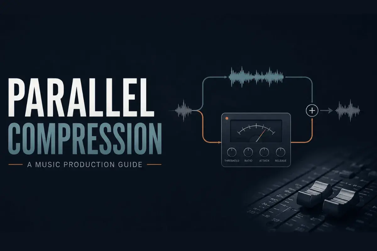 Grafik erklärt parallel compression: Wellenformen, Kompressor-Interface mit Reglern und Mischpult-Fader.