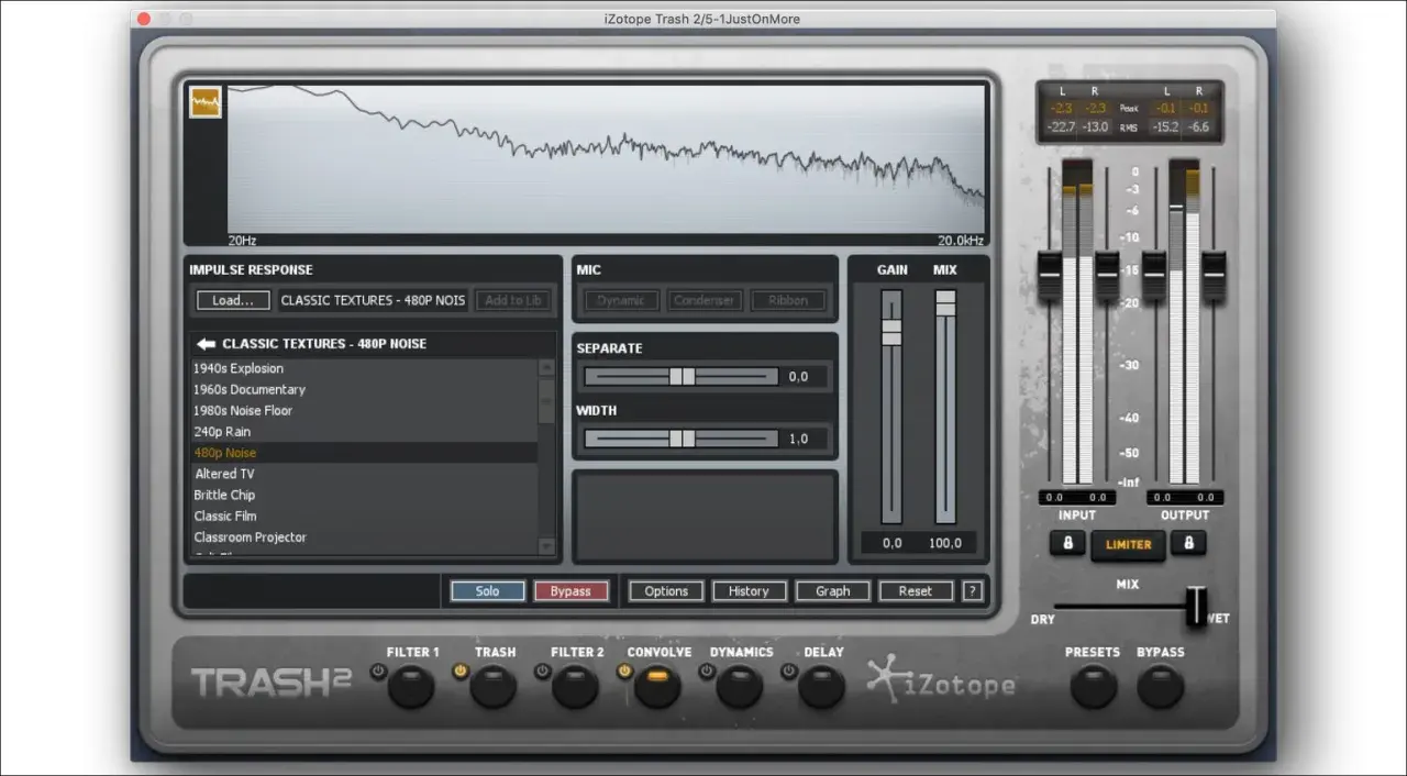 iZotope Trash 2: Ein Audio-Plugin mit Frequenzanalyse, Impulsantworten wie "480p Noise" und Reglern für Mikrofon, Gain und Mix.