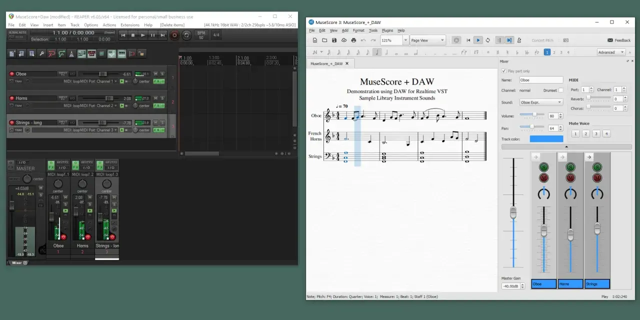 MuseScore 4 zeigt eine Partitur mit Oboe, Hörnern und Streichern, die in einer DAW mit VST-Instrumenten wiedergegeben wird.