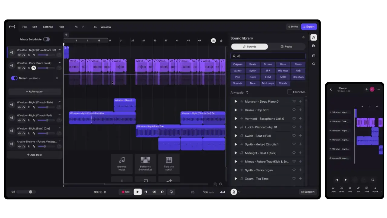 Ein **online free music maker** mit einer übersichtlichen Benutzeroberfläche. Spuren werden im Zeitstrahl angezeigt, während die Soundbibliothek zum Erstellen von Musik einlädt.