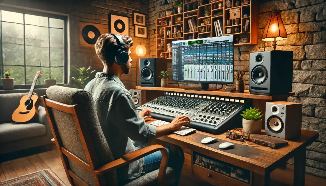 Mann im Tonstudio mit Kopfhörern, der an einem Mischpult arbeitet. Der Bildschirm zeigt eine DAW mit vielen Spuren, die auf die besten Plugins für die Musikproduktion hindeuten.