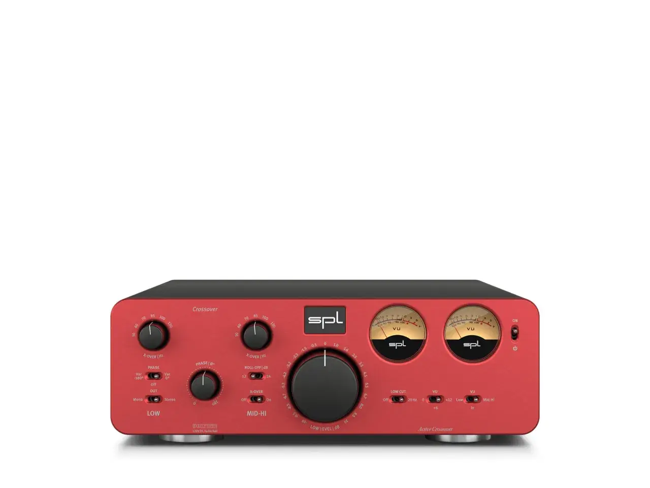 Rotes SPL Crossover-Gerät mit VU-Metern und Reglern zur Einstellung der **crossover frequency**.