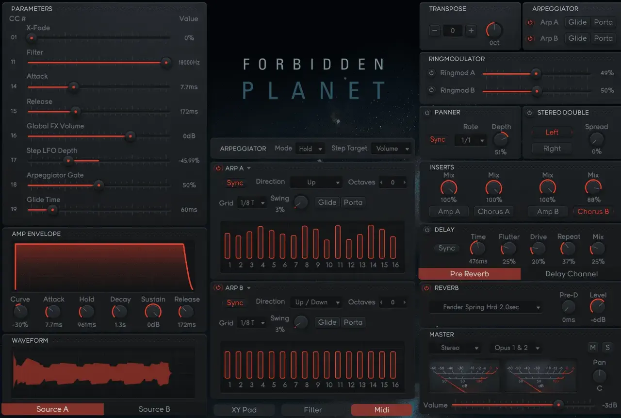 Das Interface des Forbidden Planet opus vst zeigt detaillierte Regler für Arpeggiatoren, Hüllkurven und Effekte.