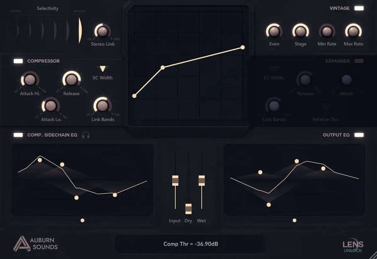 Das Interface von Auburn Sounds zeigt einen **free multiband compressor** mit Reglern für Attack, Release, Stereo Link und Bandbreiten. Grafiken visualisieren EQ-Kurven.